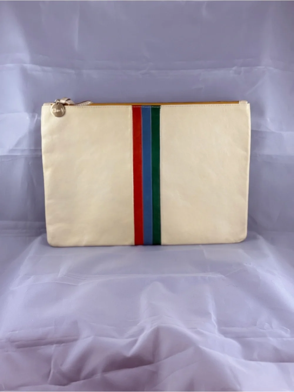 Clare V. Cream Leather Flat Clutch Pouch Striped